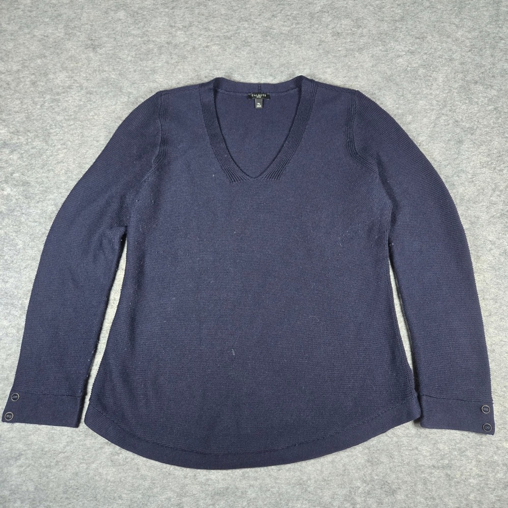 Talbots Womens Navy Blue Petites V-Neck Textured Pullover Sweater Size MP